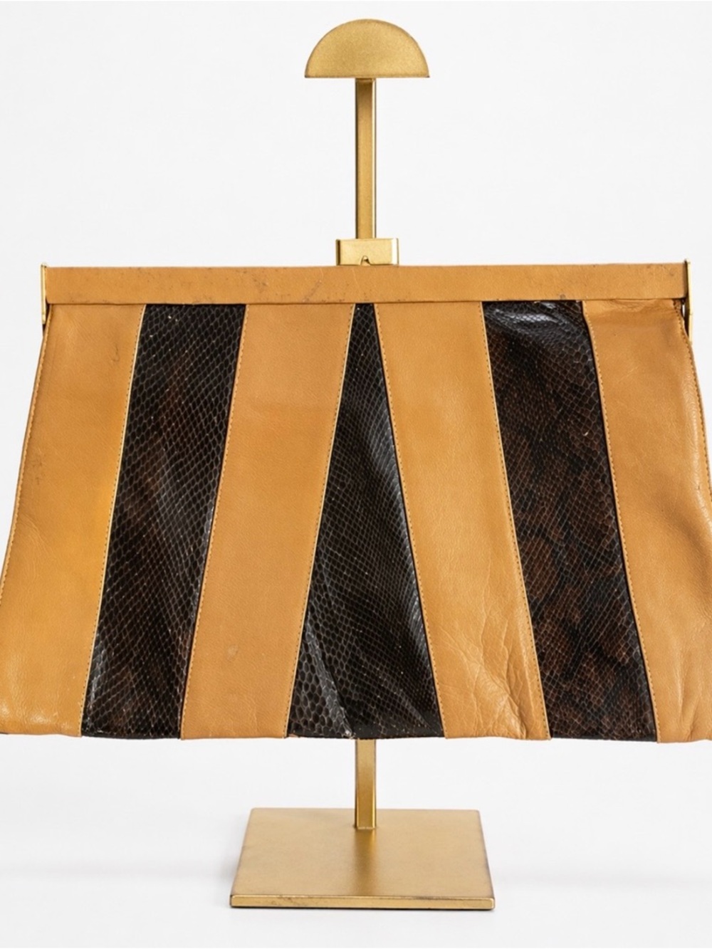 Vintage Leather Clutch Tan Brown Snakeskin Panel Frame Purse